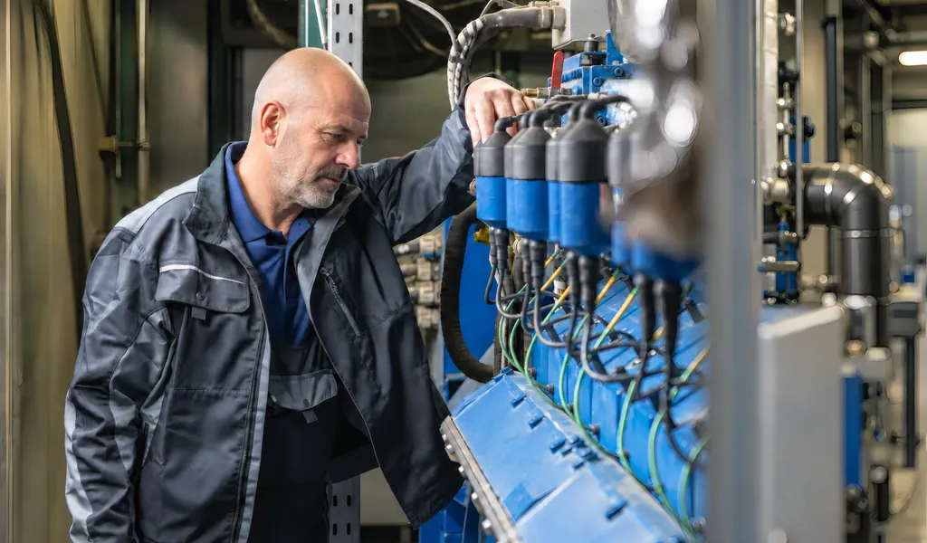 Servicetechniker prüft die Zündanlage eines Gasmotors im Maschinenraum