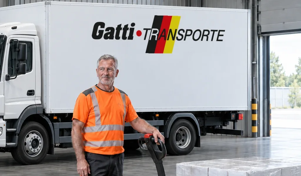LKW-Fahrer in Warnschutzkleidung mit Hubwagen vor einem Gatti-Transporte-LKW in der Lagerhalle