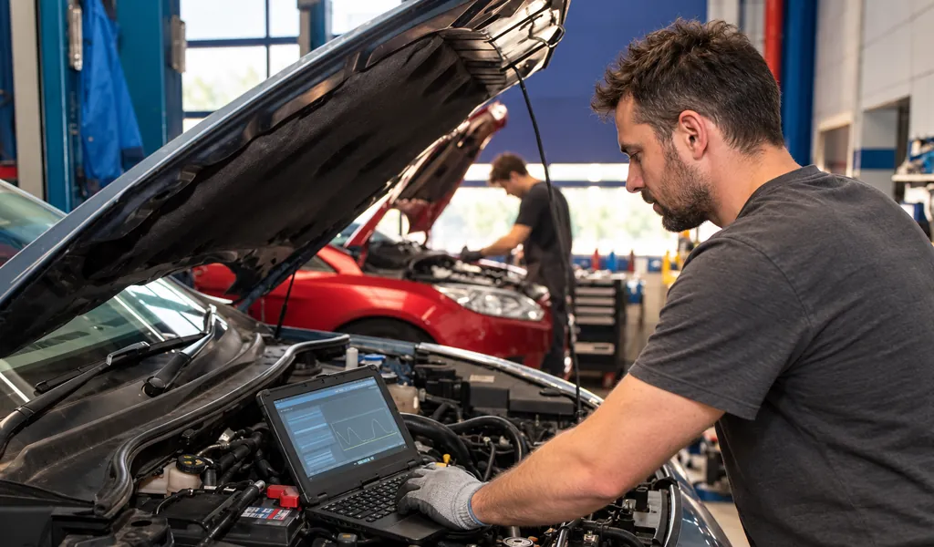 Kfz-Mechatroniker liest am offenen Motorraum die Fehlerdiagnose auf einem Werkstatt-Laptop aus