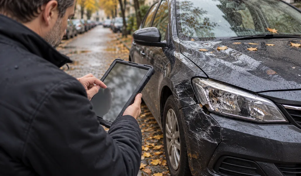 Kfz-Gutachter dokumentiert auf seinem Tablet den gebrochenen Scheinwerfer eines Unfallwagens