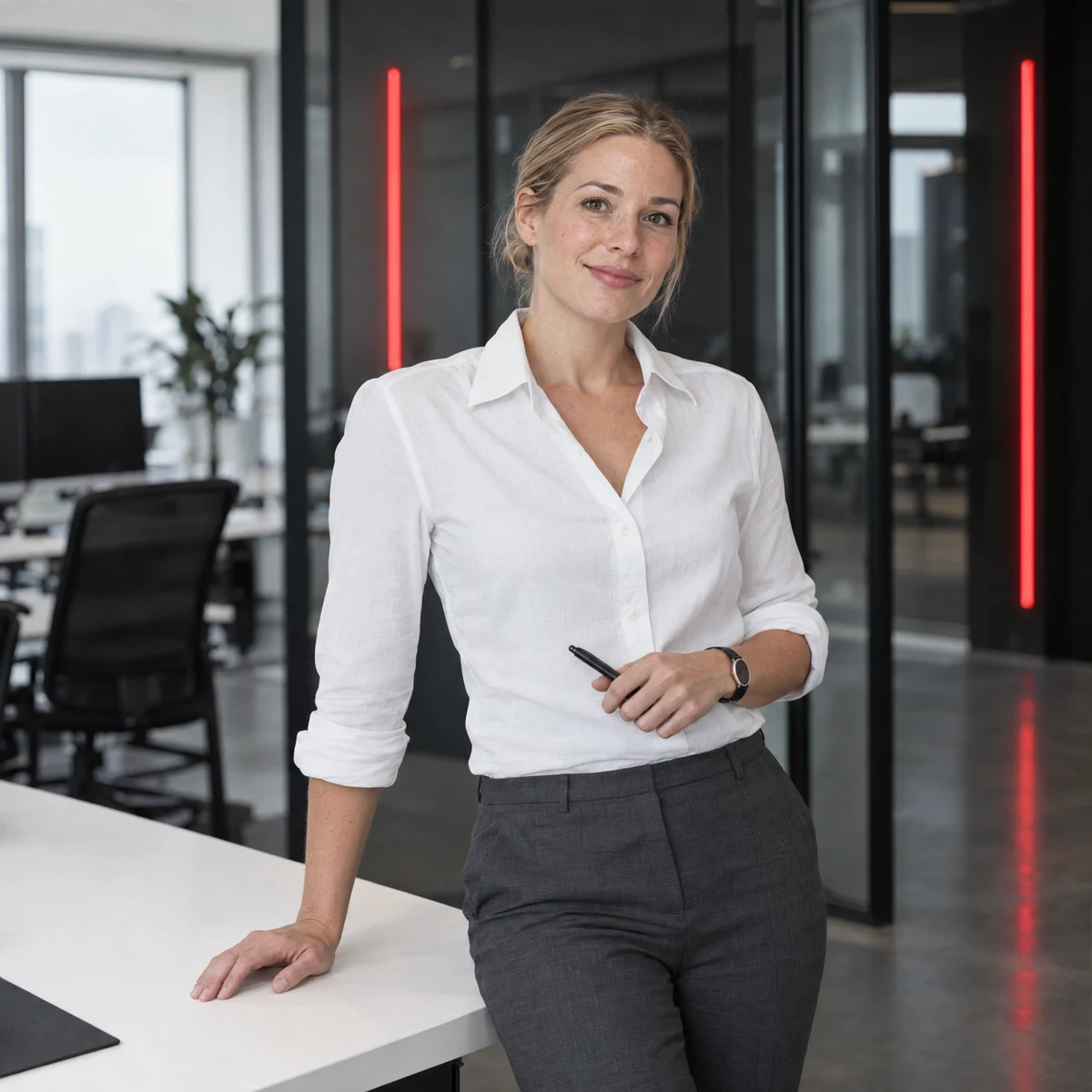 Frau in weißer Bluse lehnt lächelnd an einem Schreibtisch in einem modernen Büro mit Glaswänden