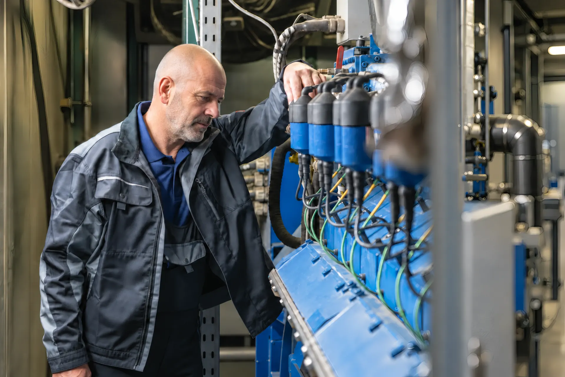 Techniker prüft die Zündanlage eines Gasmotors im Maschinenraum