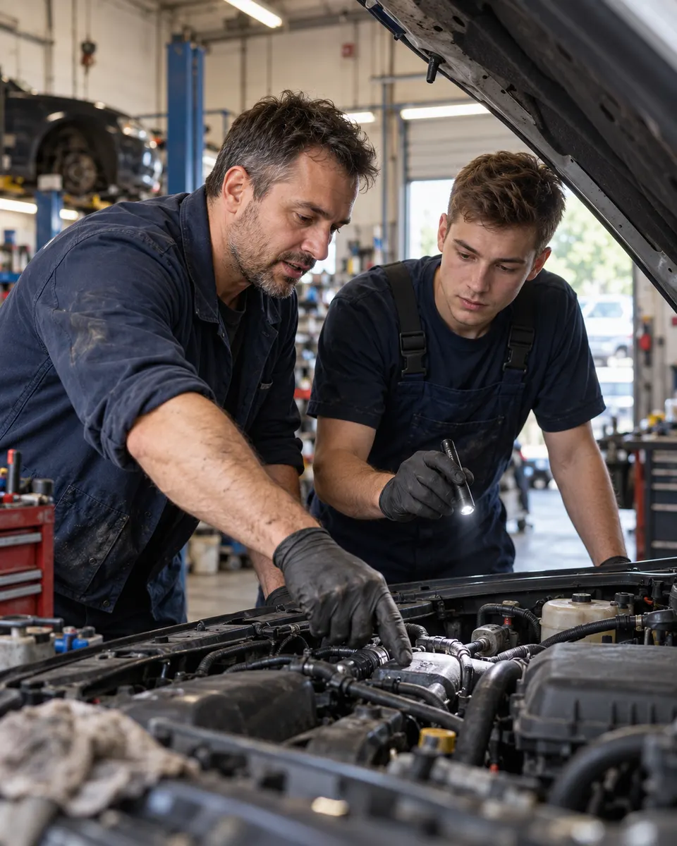 Erfahrener Mechaniker erklärt einem jungen Kfz-Mechatroniker etwas unter der offenen Motorhaube