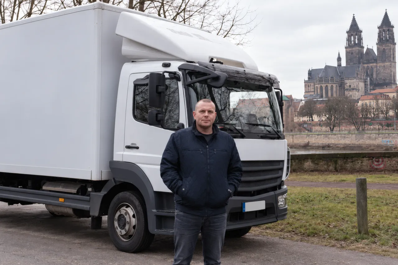 LKW-Fahrer steht vor seinem Verteiler-LKW am Flussufer