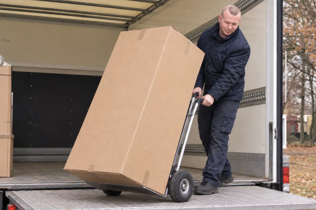Fahrer rollt eine verpackte Lieferung auf der Sackkarre über die Ladebordwand seines LKW