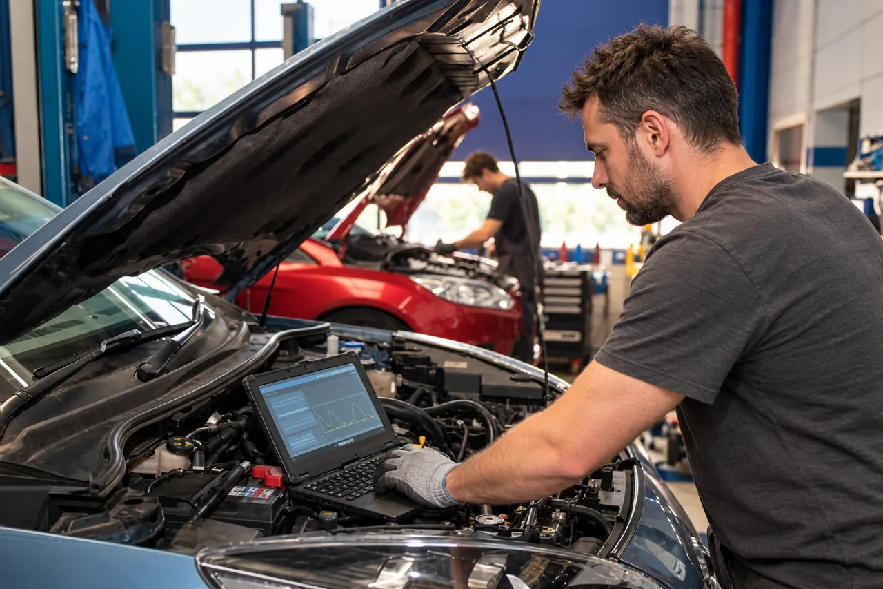 Kfz-Mechatroniker liest am offenen Motorraum die Fehlerdiagnose auf einem Werkstatt-Laptop aus, im Hintergrund arbeitet ein Kollege an einem roten Auto