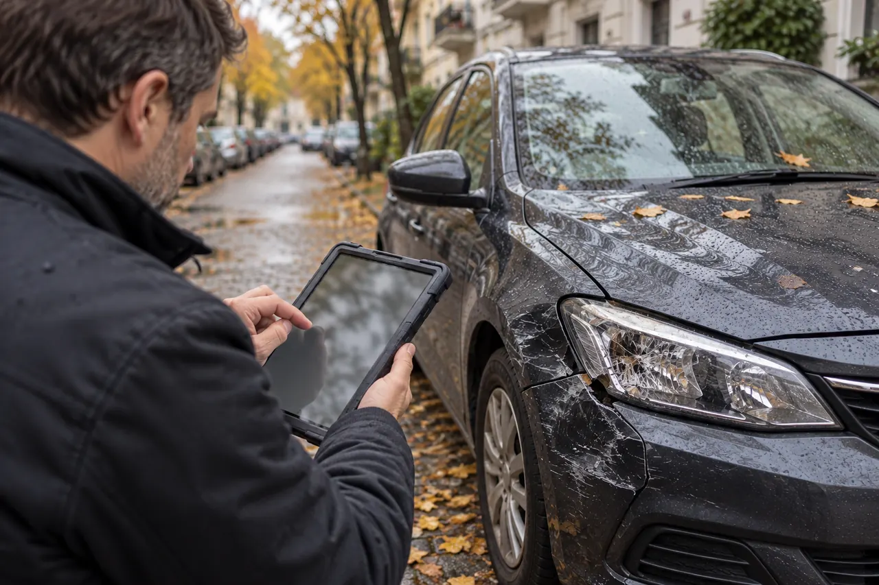 Kfz-Gutachter dokumentiert auf seinem Tablet den gebrochenen Scheinwerfer und den eingedrückten Kotflügel eines Unfallwagens