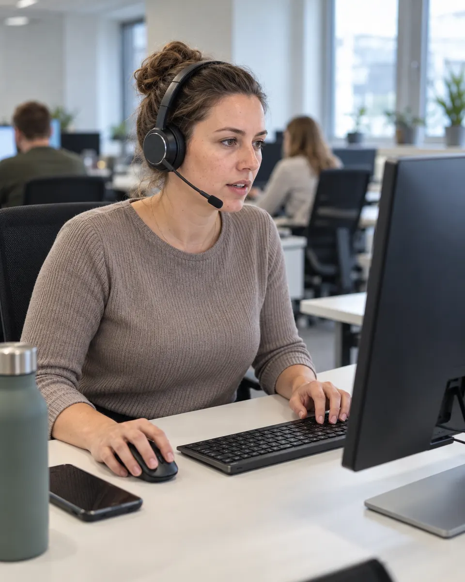 Recruiterin mit Headset telefoniert mit einem Kandidaten und hält das Gespräch am Computer fest