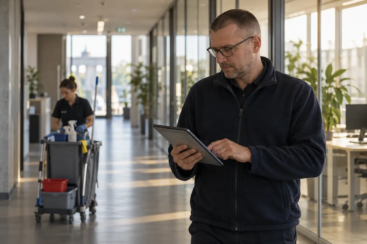 Objektleiter prüft in einem frisch gereinigten Büroflur die Qualität auf seinem Tablet