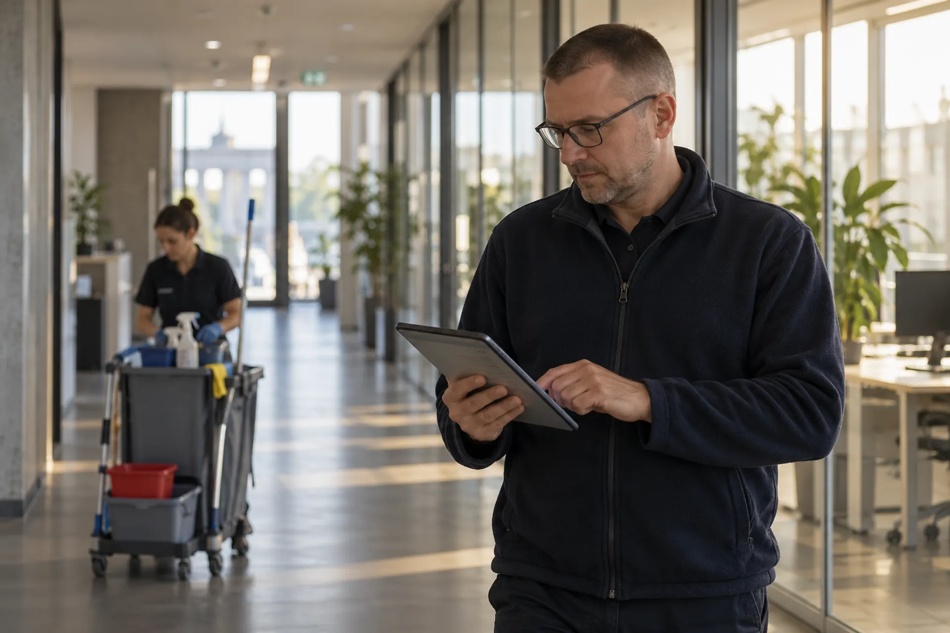 Objektleiter prüft in einem frisch gereinigten Büroflur die Qualität auf seinem Tablet