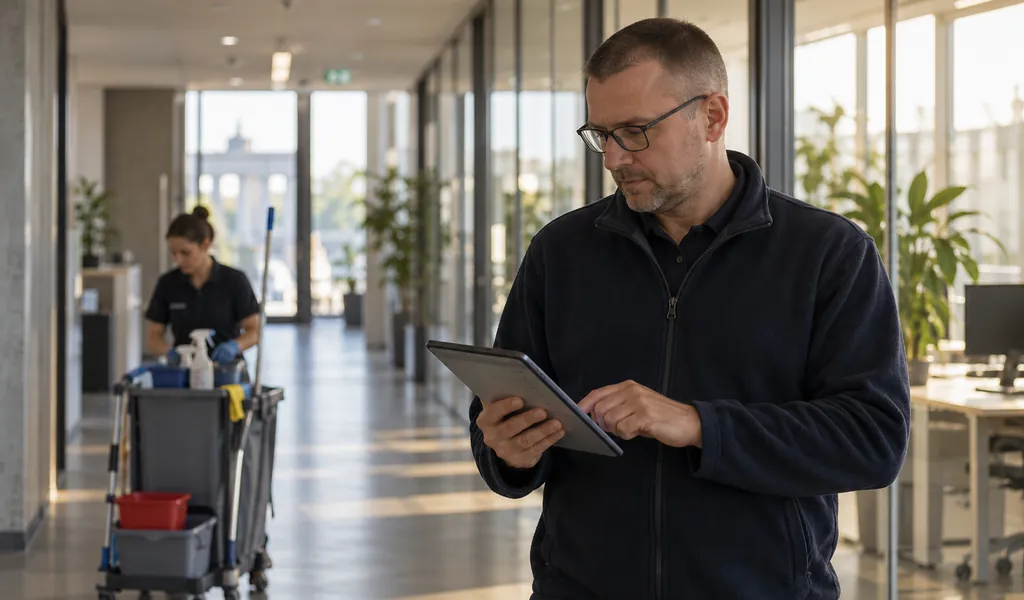 Objektleiter prüft in einem frisch gereinigten Büroflur die Qualität auf seinem Tablet
